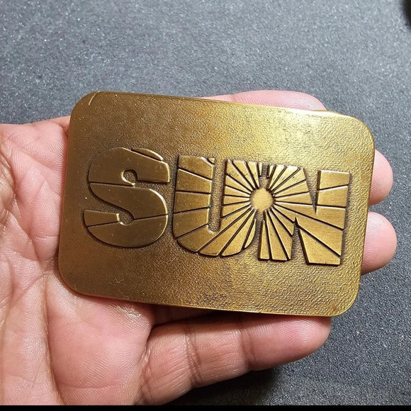 Vintage Brass Rectangle SUN OIL 3 x 2 Inch Belt Buckle Rounded Edges No Markings